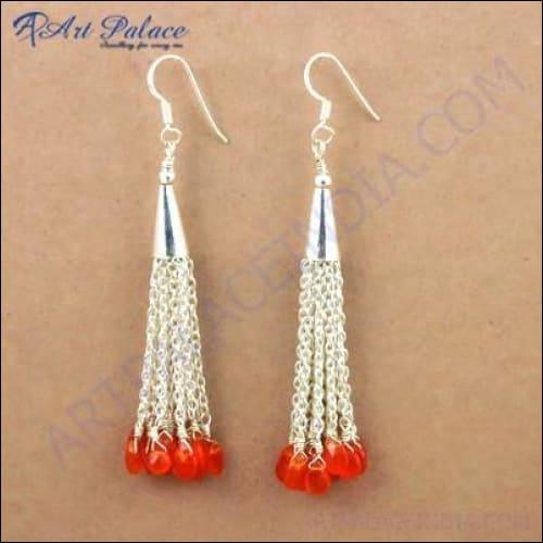 Unique Carnelian Gemstone 925 Silver Dangle Earrings featuring vibrant red beads and elegant silver design.