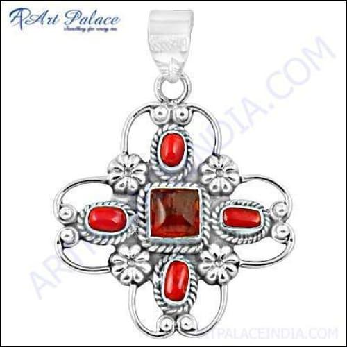 Unique Coral and Amber Gemstone Silver Pendant showcasing vibrant coral and amber stones set in elegant silver design.
