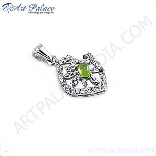 A stunning Unique Design CZ Peridot Silver Pendant featuring a vibrant green peridot gemstone surrounded by sparkling cubic zirconia stones.