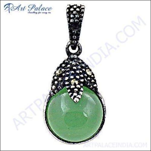 Unique ethnic design silver gun metal pendant featuring a prehnite gemstone, showcasing intricate craftsmanship and elegant style.