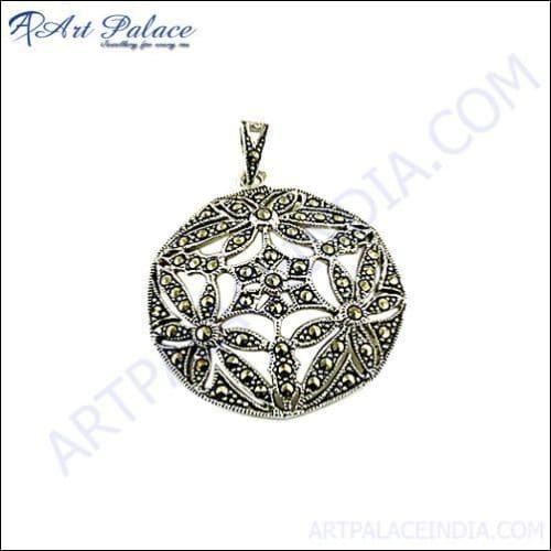 Unique Feminine Gun Metal Silver Marcasite Pendant showcasing intricate design and craftsmanship, perfect for elegant occasions.