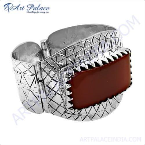 Unique Feminine Red Onyx Gemstone Silver Bangle showcasing a vibrant red onyx stone set in premium silver, designed for elegance and style.