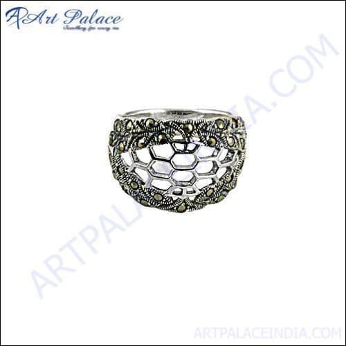 Unique handmade gun metal silver ring featuring glitzy marcasite stones, showcasing intricate craftsmanship and elegant design.