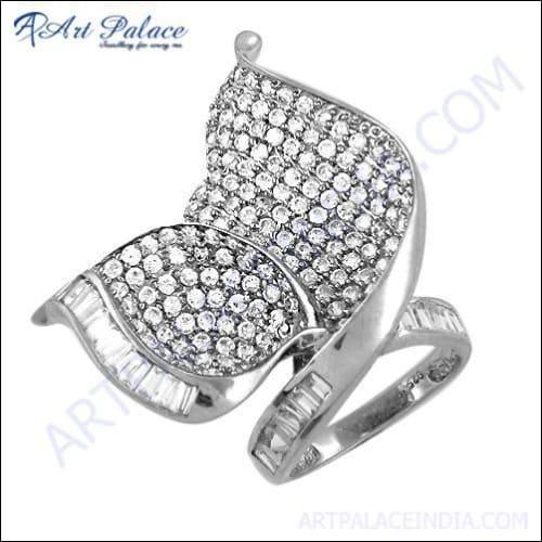 Elegant Unique Leaf Design Silver Ring with sparkling cubic zirconia gemstones, showcasing intricate craftsmanship and a nature-inspired motif.