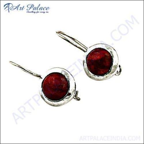 Unique Sponge Coral Gemstone Silver Earrings featuring a round design with natural coral texture and high-quality silver setting.