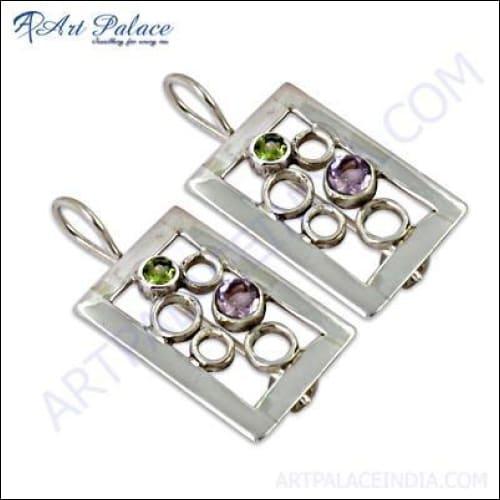 Unique Style Amethyst and Peridot Gemstone Silver Earrings showcasing vibrant gemstones set in elegant silver design.