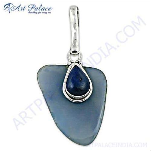 Unique Style Blue Chalcedony and Lapis Lazuli Silver Pendant showcasing intricate design and vibrant colors.