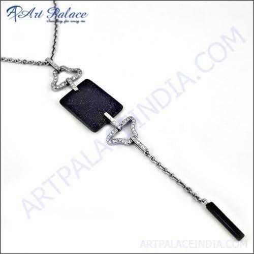 Unique Style Blue Sandstone Cubic Zirconia Gemstone Silver Necklace featuring blue sandstone and sparkling cubic zirconia on a silver chain.
