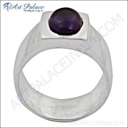Unusual Oval Amethyst Gemstone Silver Ring featuring cabochon and round amethyst stones, elegantly crafted in high-quality silver.