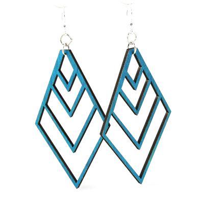 Upside-down Fountain Pyramid Earrings in teal, made from sustainably sourced wood with silver-finished stainless steel ear wires.