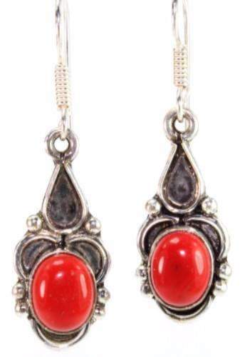 A pair of vibrant red drop earrings featuring coral faux stone set in silver tone, perfect for spring and summer fashion.