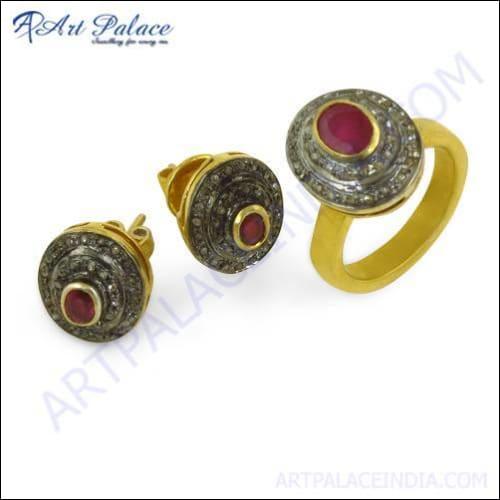 Victorian Designer Diamond Ruby Gold Plated Silver Earrings and Ring Set featuring intricate designs with sparkling diamonds and vibrant rubies.