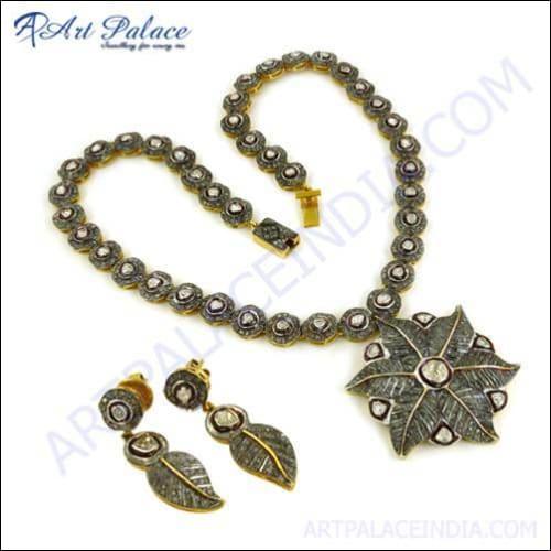 Main Victorian Designer Gold Plated Diamond & Silver Necklace Earrings Set image