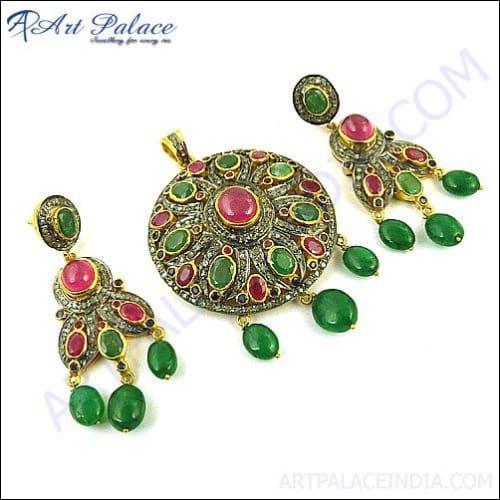 Victorian Diamond and Semi-Precious Gemstone Jewellery Set featuring vibrant gemstones and sparkling diamonds, elegantly displayed.