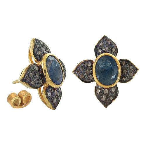 Victorian Diamond and Sapphire Gold-Plated Silver Earrings featuring intricate floral design with sparkling gemstones.