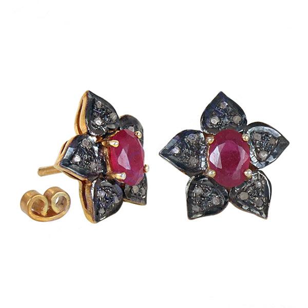 Victorian Ruby Diamond Gold Plated 925 Silver Stud Earrings showcasing intricate design and vibrant colors.