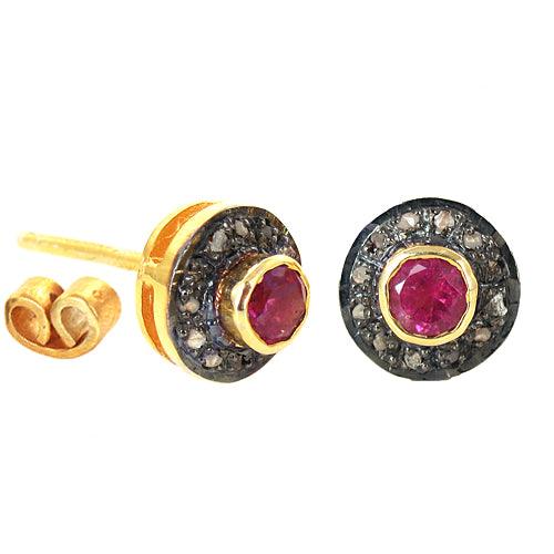 Victorian style gold plated silver earrings featuring diamond pink cubic stones, showcasing intricate design and elegance.