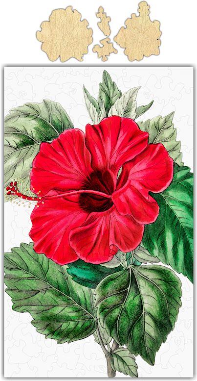 Whimsical Hibiscus Jigsaw Puzzle #6731 featuring vibrant hibiscus flowers, 153 pieces, and high-quality materials in a cardboard box with burlap bag.