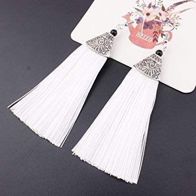 Elegant white tassel thread earrings with a boho design, featuring a metal cap and lightweight threads.