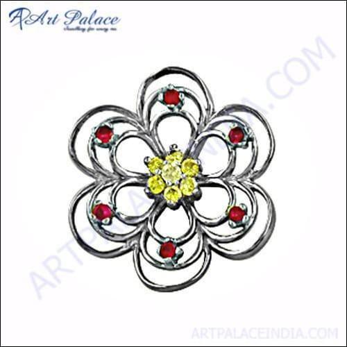 Yellow and pink zirconia flower style silver pendant, showcasing intricate design and sparkling stones.