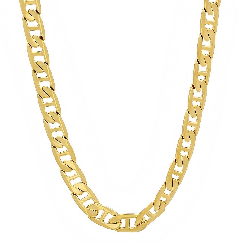 A set of three 14K yellow gold plated brass Guci chains in various thicknesses, showcasing their elegant design and craftsmanship.