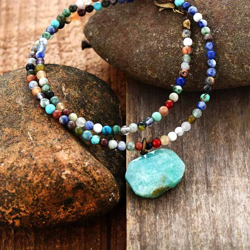 Elegant Amazonite Choker Necklace featuring natural stone beads in various colors.