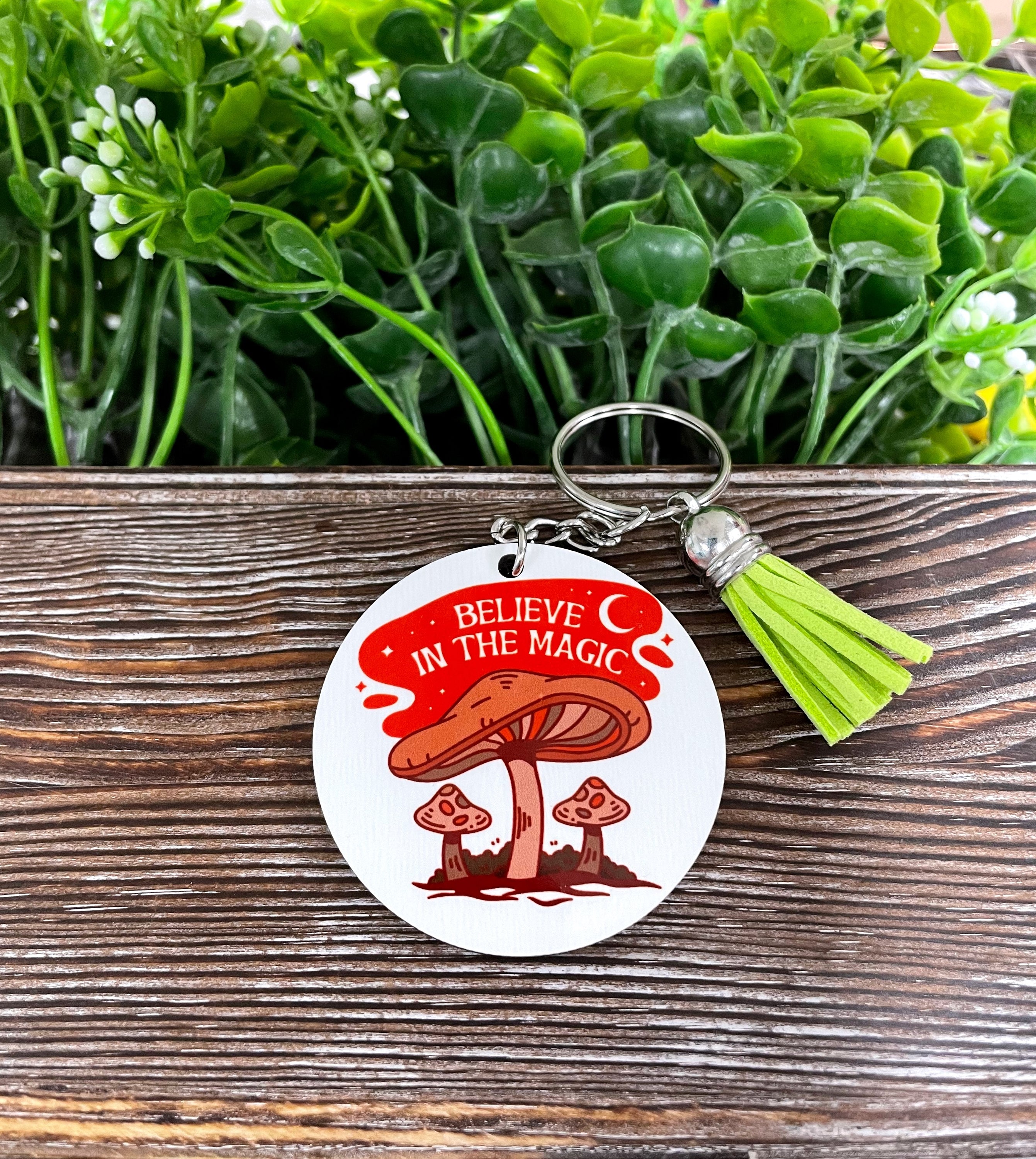 Believe in the Magic MDF round keychain featuring vibrant sublimation design, lightweight and perfect for boho style lovers.