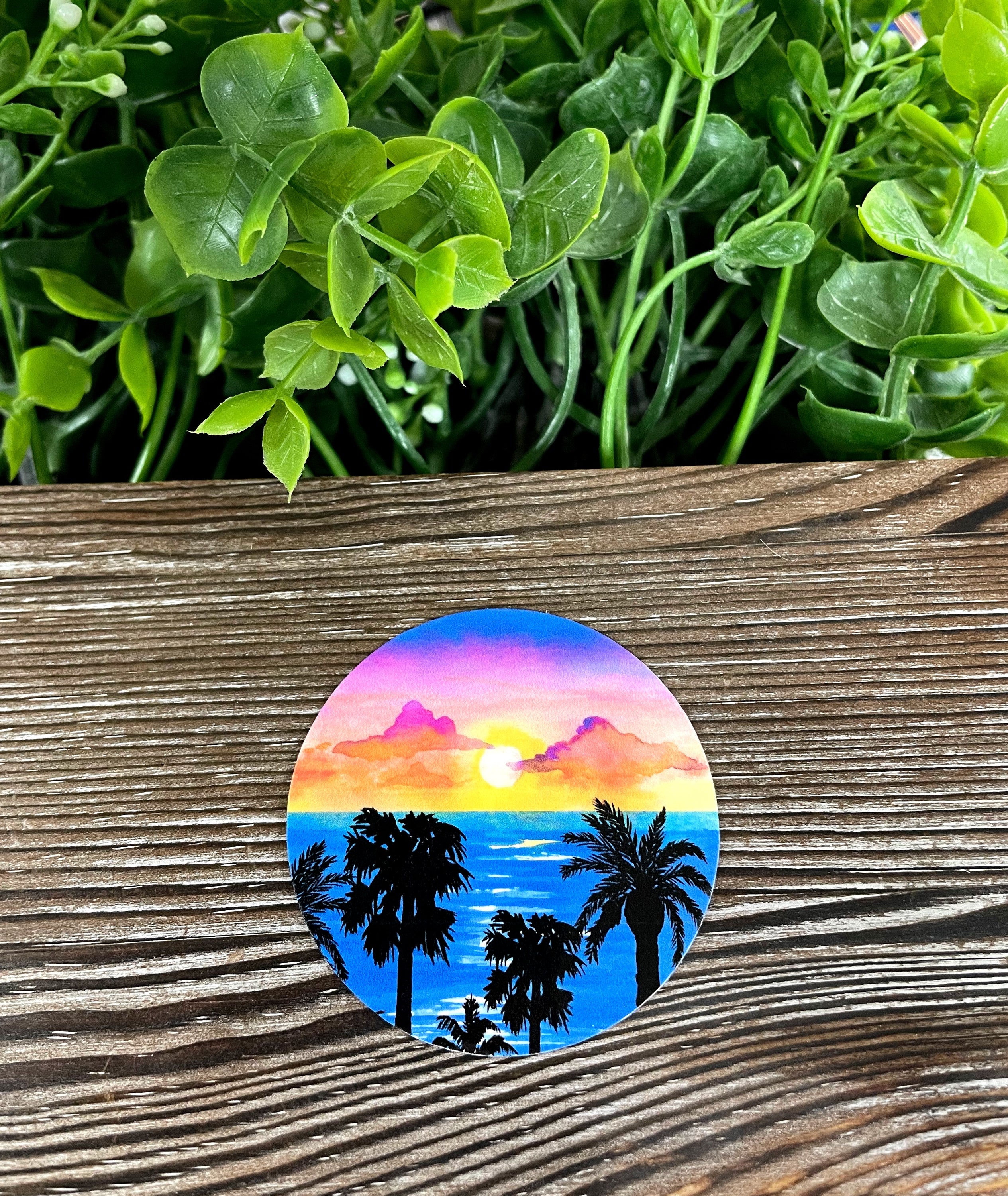 Blue Ocean Cloudy Sunset Watercolor die cut vinyl sticker showcasing vibrant colors and a beautiful sunset design.