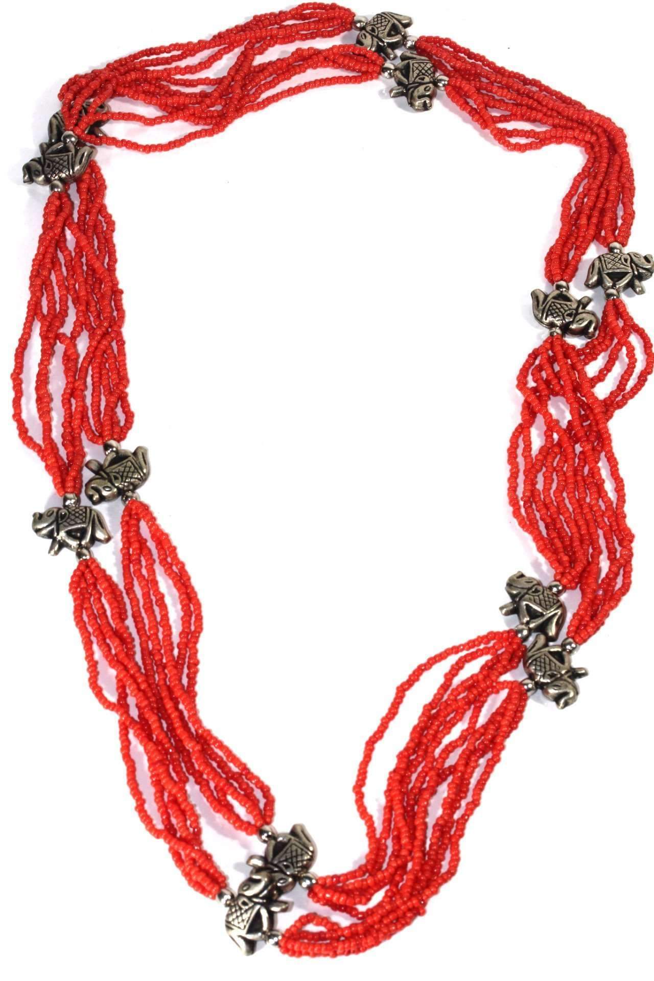 A vibrant Boho Elephant Charms Necklace featuring deep Coral beads and silver-tone elephant charms, showcasing a multi-layered design.
