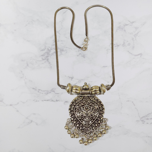 Bohotusk Oxidised Silver Earth Spade Shield Pendant Necklace featuring a unique spade shield design on a 54cm chain.