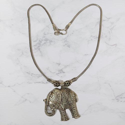 Bohotusk Royal Elephant Oxidised Silver Shield Pendant Necklace featuring a detailed elephant design on a 54cm chain.