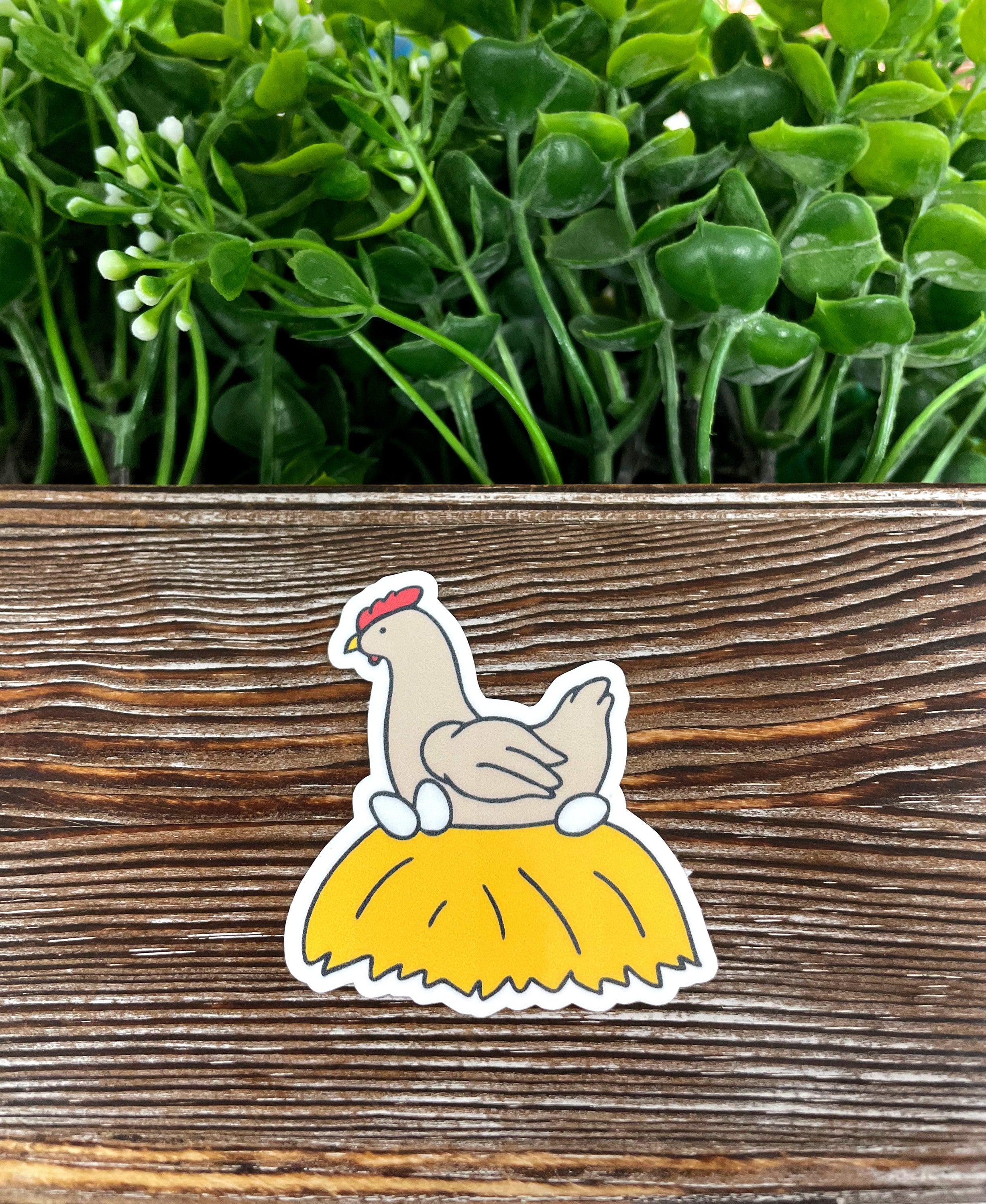Colorful Chicken Sitting Eggs Sticker on a smooth surface, showcasing its vibrant design and quality finish.
