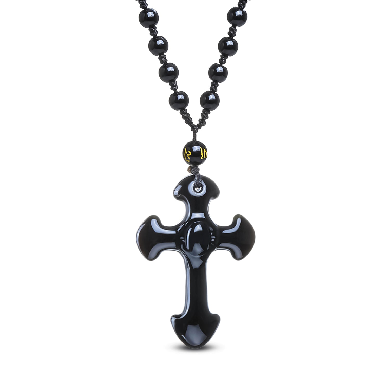 Collier Crucifix en Obsidienne noire, sculpté à la main, avec pendentif unique et perles noires.