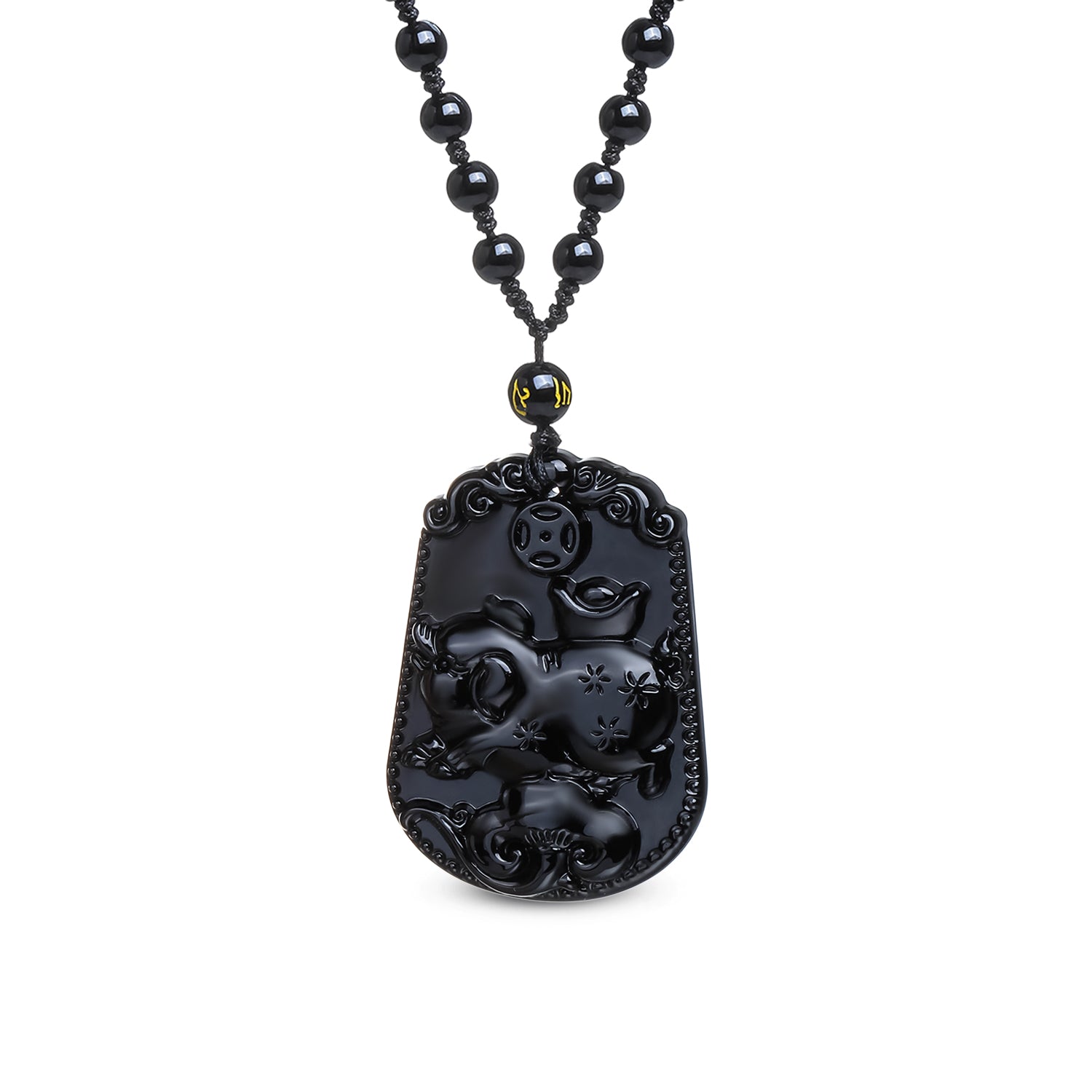Collier en obsidienne noire avec pendentif en forme de Cochon, ajustable et élégant, symbolisant la générosité et la bienveillance.