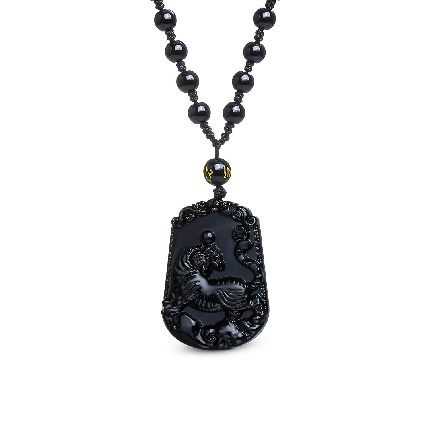 Collier 'Inventivité du Tigre' en obsidienne noire, avec un pendentif élégant et un cordon ajustable, symbolisant la créativité et le magnétisme.