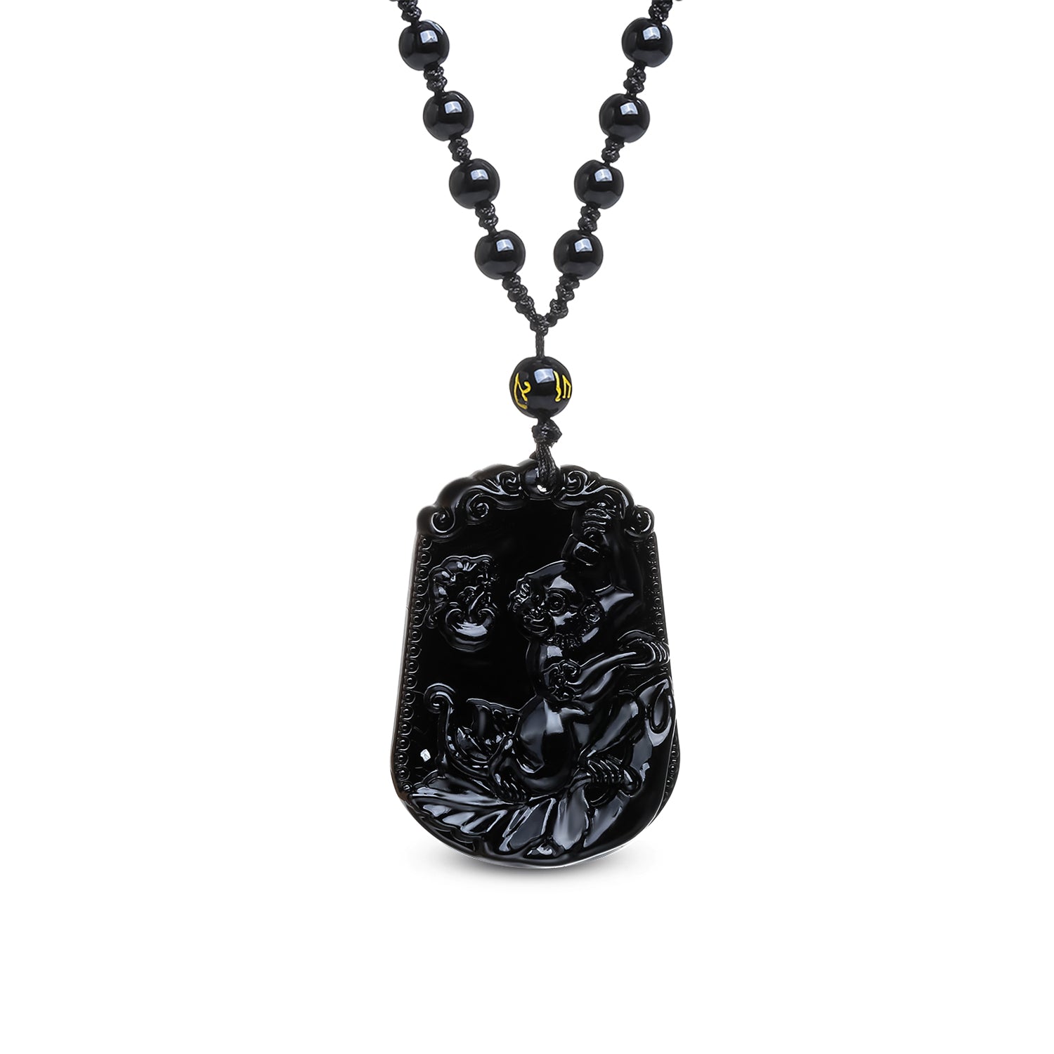 Collier 'Joie du Singe' en obsidienne noire, avec un pendentif élégant et un cordon ajustable, symbolisant la créativité et l'optimisme.