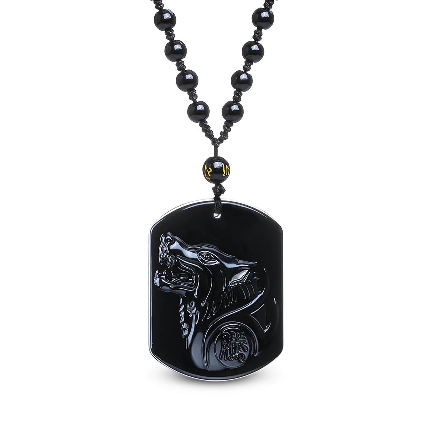Collier Loup en Obsidienne Noire avec pendentif représentant un loup, fabriqué à la main avec des perles noires et cordon ajustable.