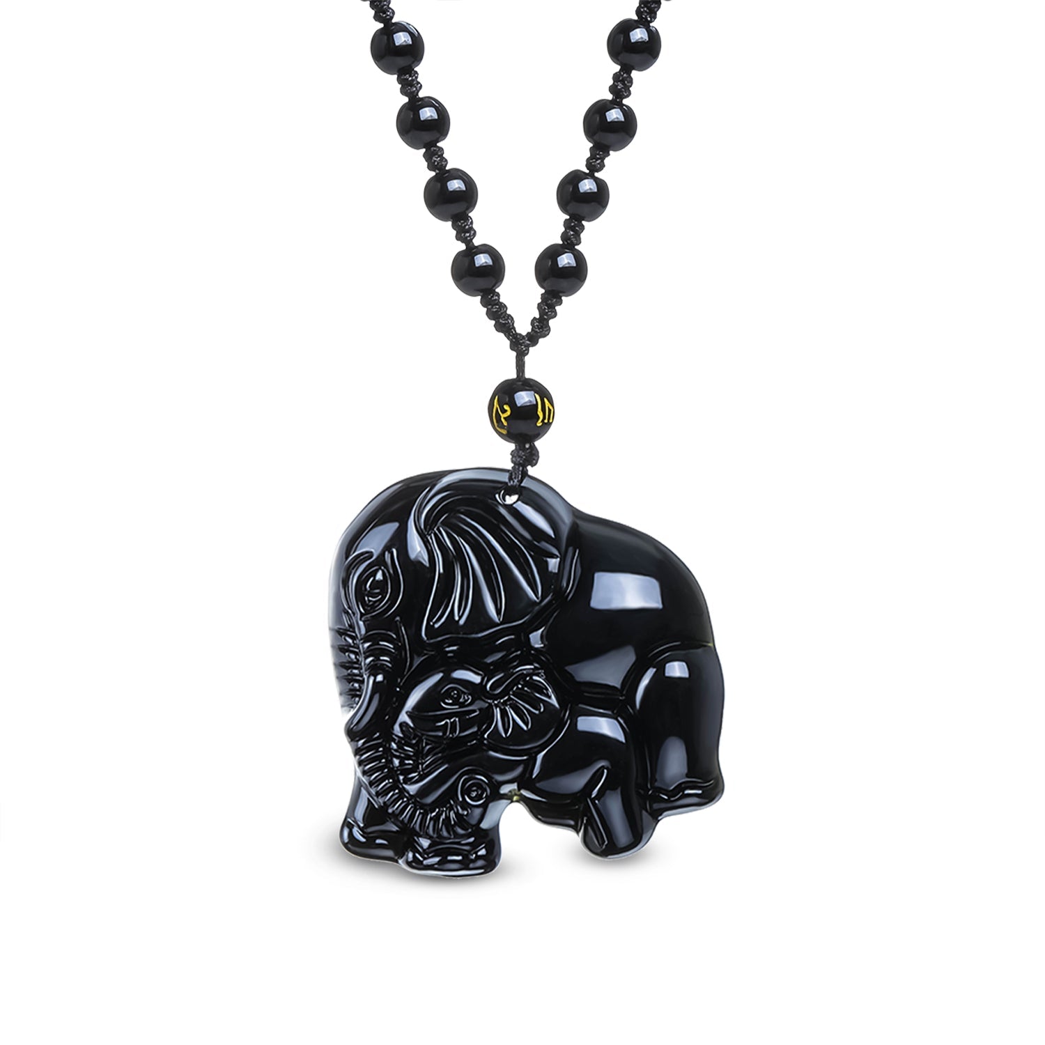Collier en Obsidienne Noire avec pendentif éléphant, symbole de protection et de force, sur fond neutre.