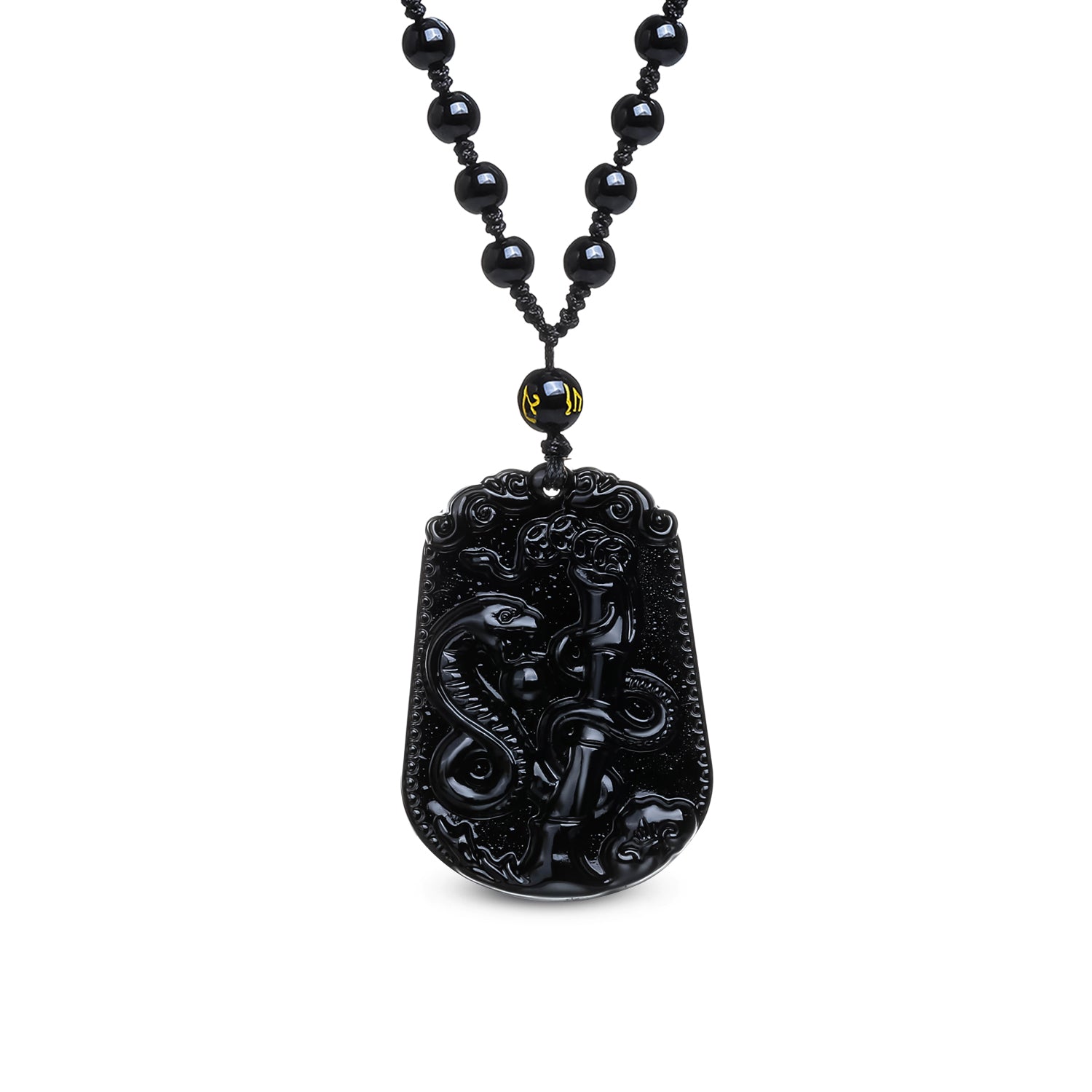 Collier 'Mystère du Serpent' en obsidienne noire, pendentif serpent sur cordon ajustable, symbole de mystère et de sensualité.