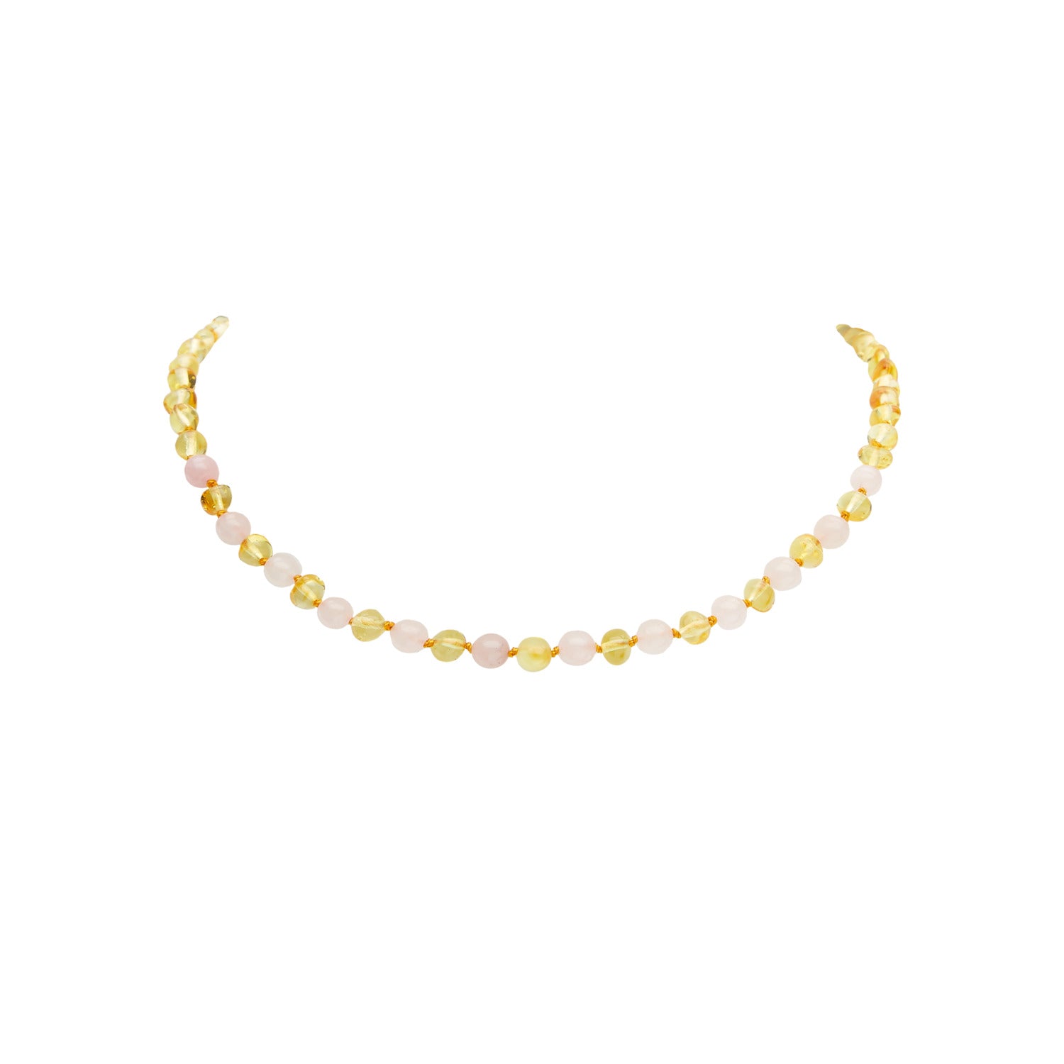 Collier pour bébé 'Amour et Lumière' en Quartz Rose et Ambre, avec perles baroques et fermoir de sécurité, idéal pour apaiser les jeunes enfants.