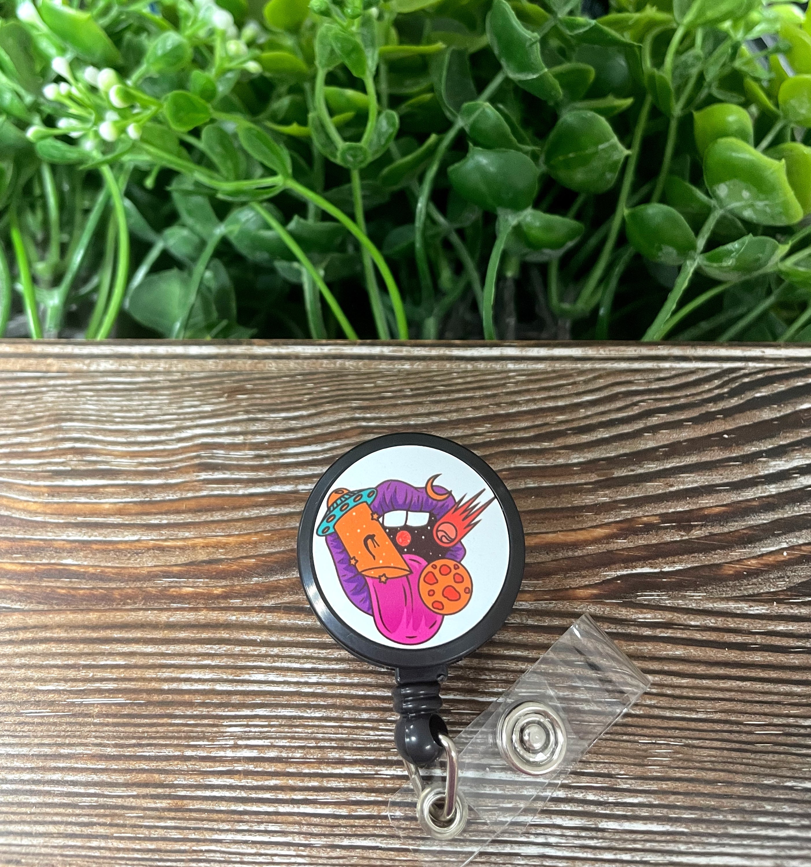 Cosmic Galaxy Mouth retractable badge reel featuring aliens and comets design on a metal blank with a plastic reel.