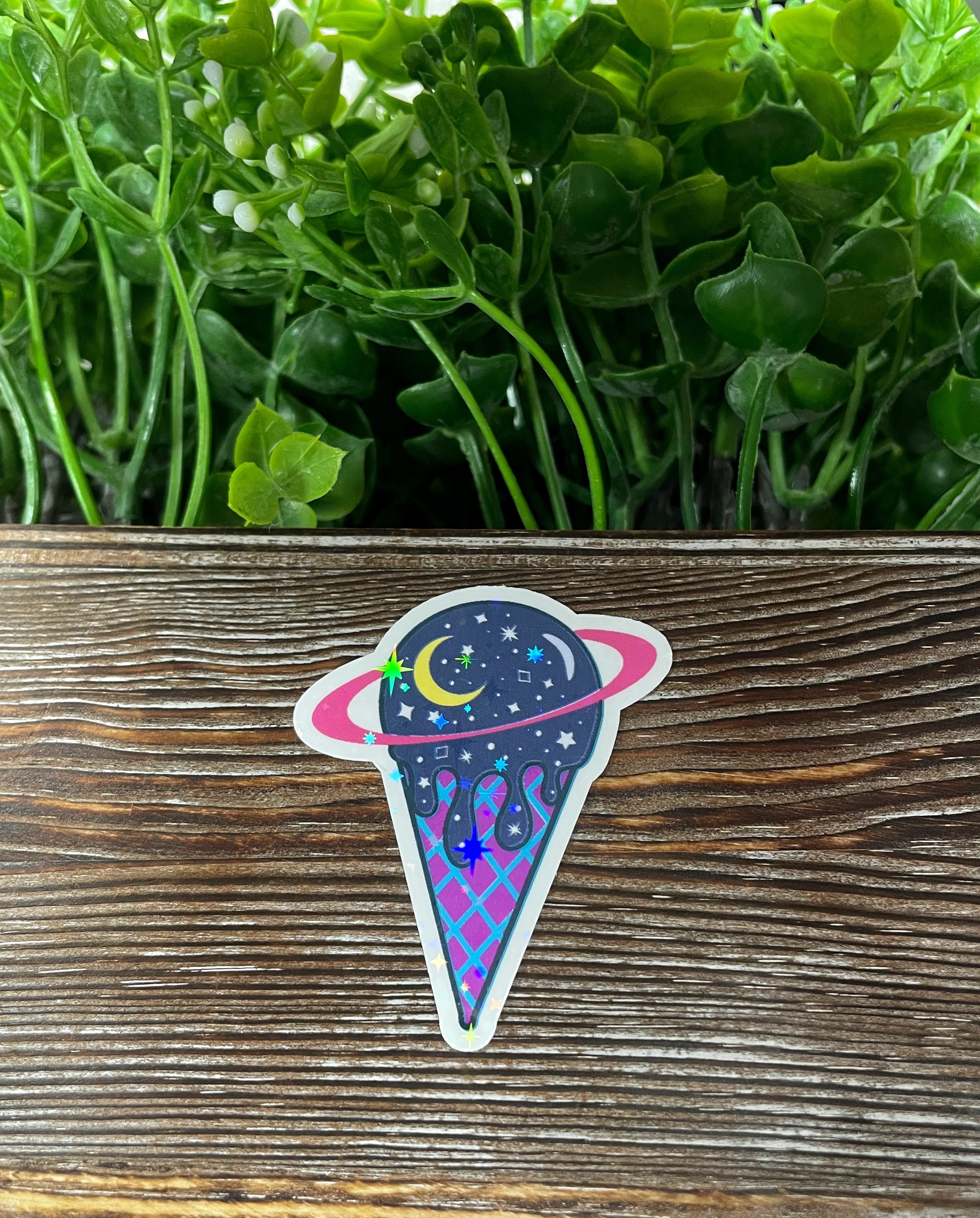 Cosmic Ice Cream Cone Die Cut Sticker in purple and white, featuring a whimsical design perfect for personalizing items.