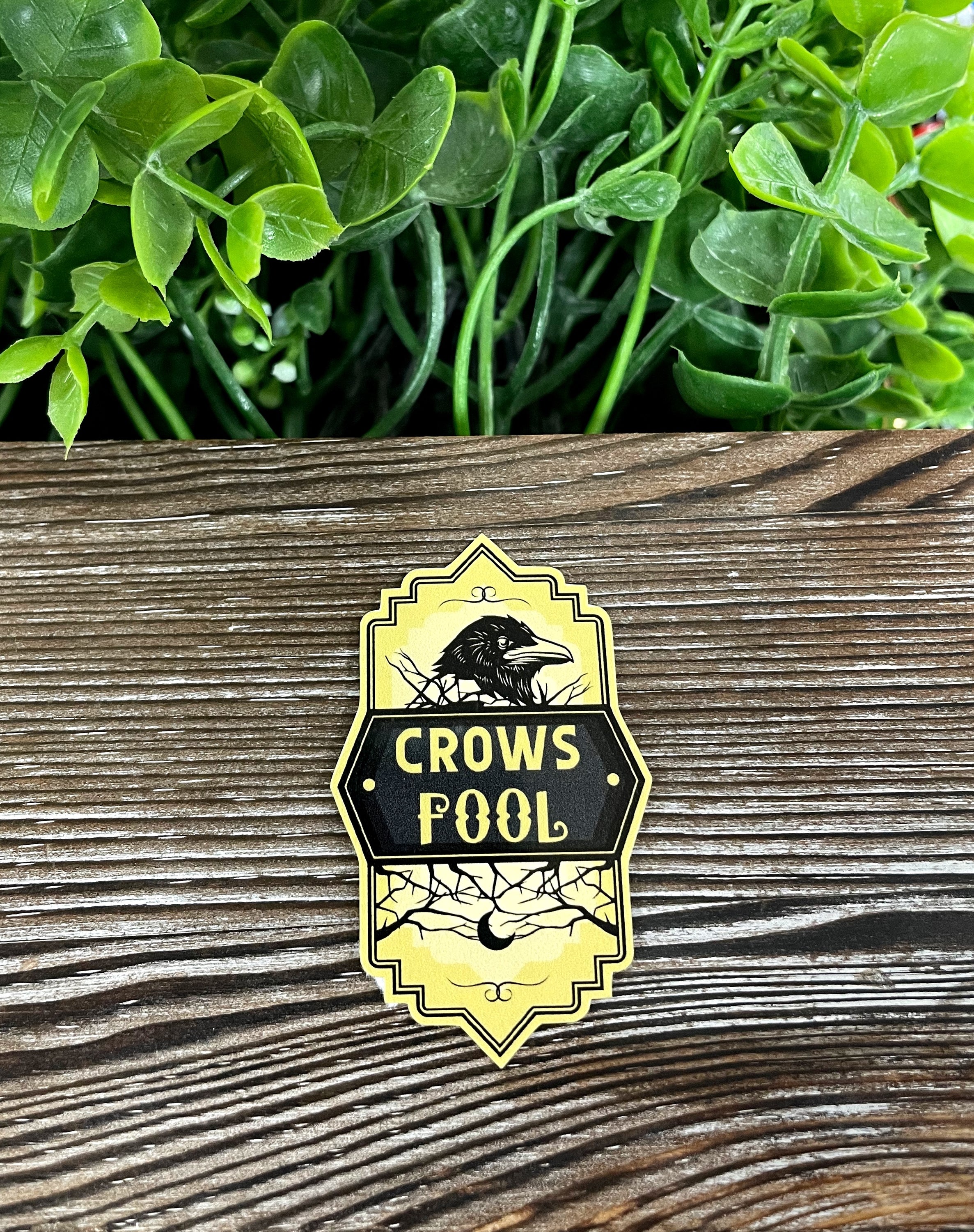 Crows Fool die cut vinyl sticker featuring a boho design, water resistant, ideal for personalizing various smooth surfaces.