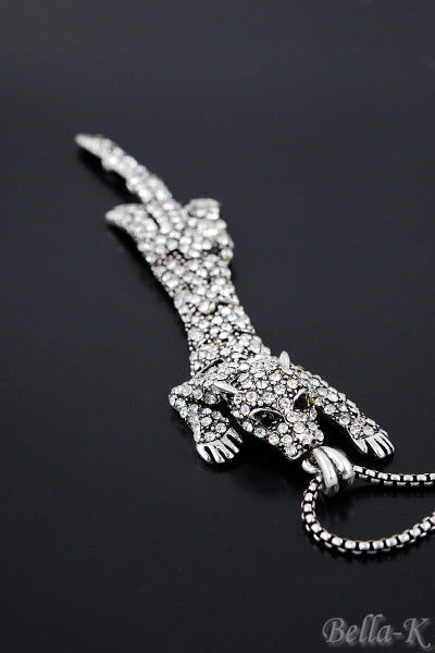 A stylish crystal beaded leopard necklace featuring a 32-inch chain and a 5-inch leopard pendant, showcasing intricate details and sparkling crystals.