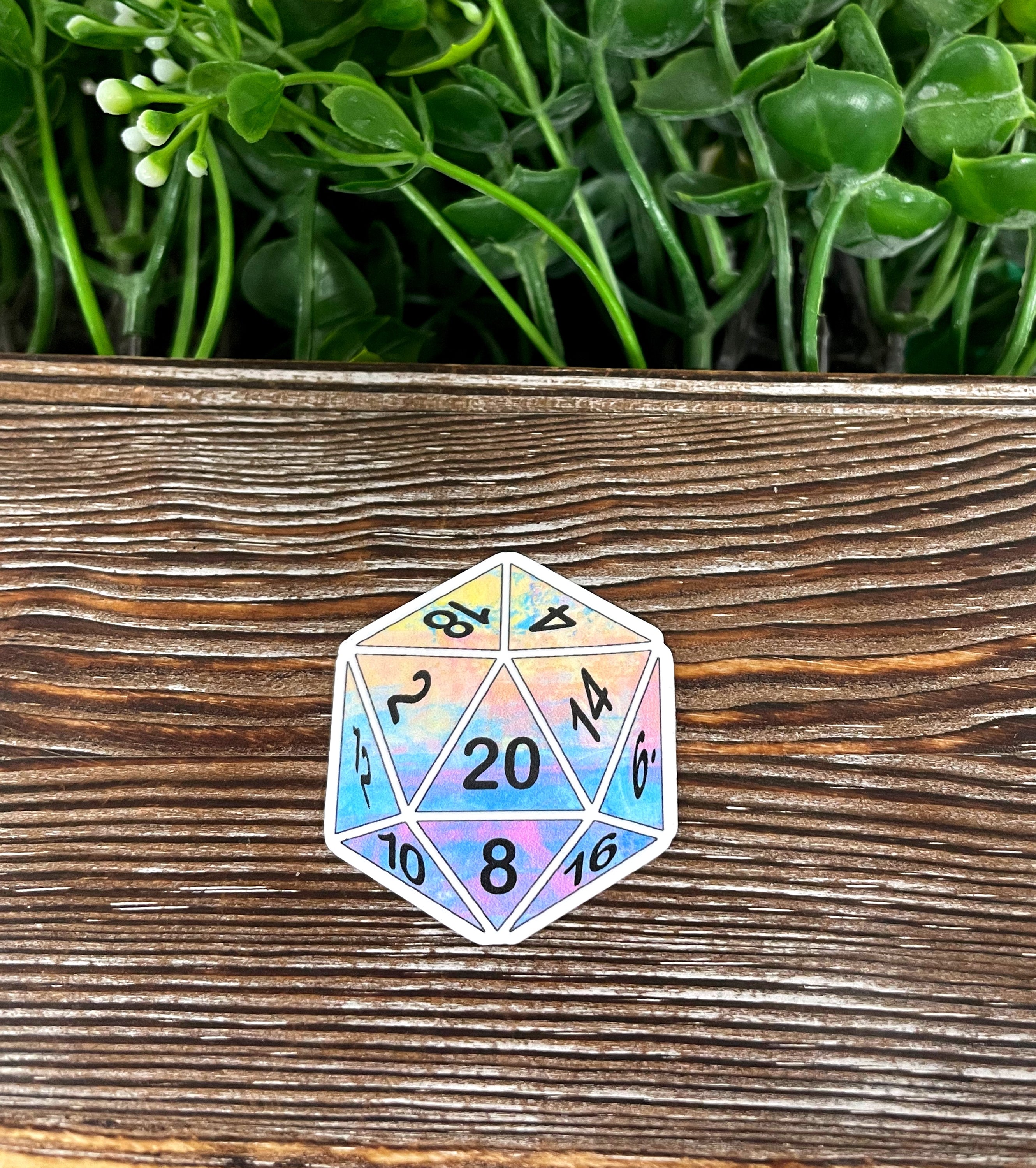 Colorful D20 Gaming Dice Sticker on a smooth surface, showcasing vibrant designs and high-quality vinyl material.