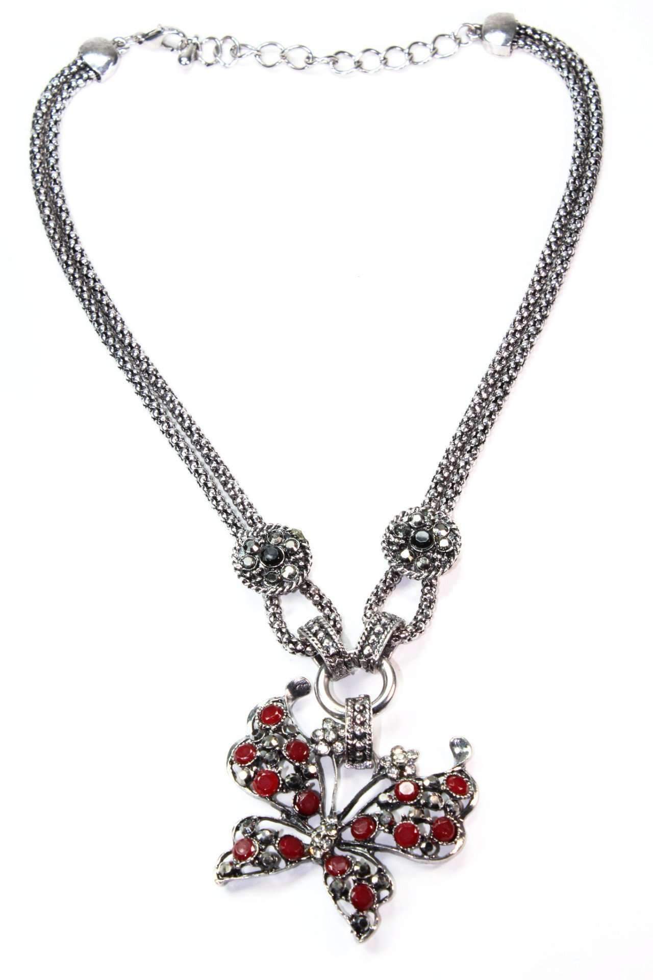 A stunning Dazzling Butterfly Necklace featuring a silver-tone double chain, colorful stone butterfly pendant, and sparkling crystal accents.