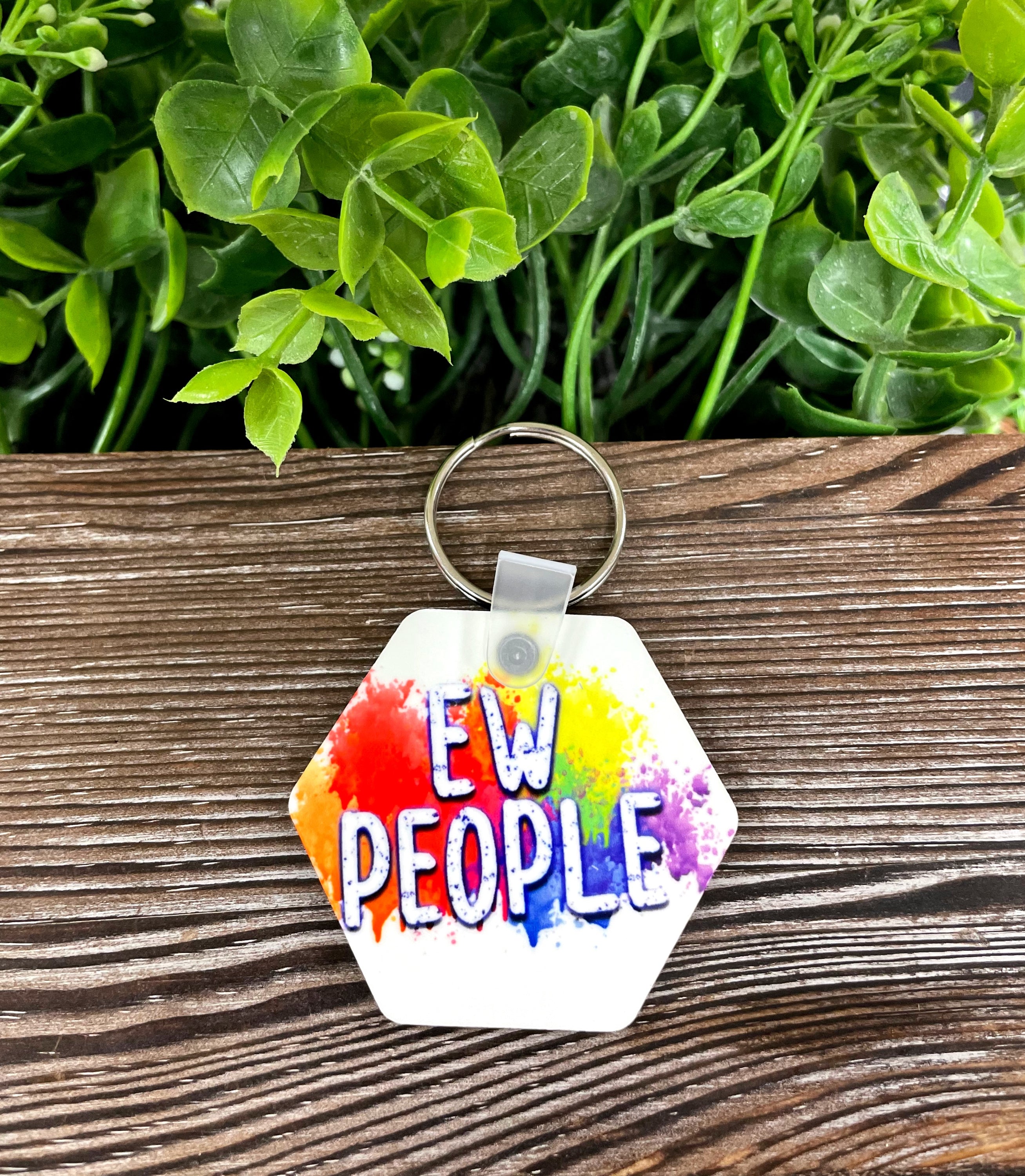 Ew People MDF Hexagon Keychain featuring a witty and snarky design, lightweight and compact for easy carrying.