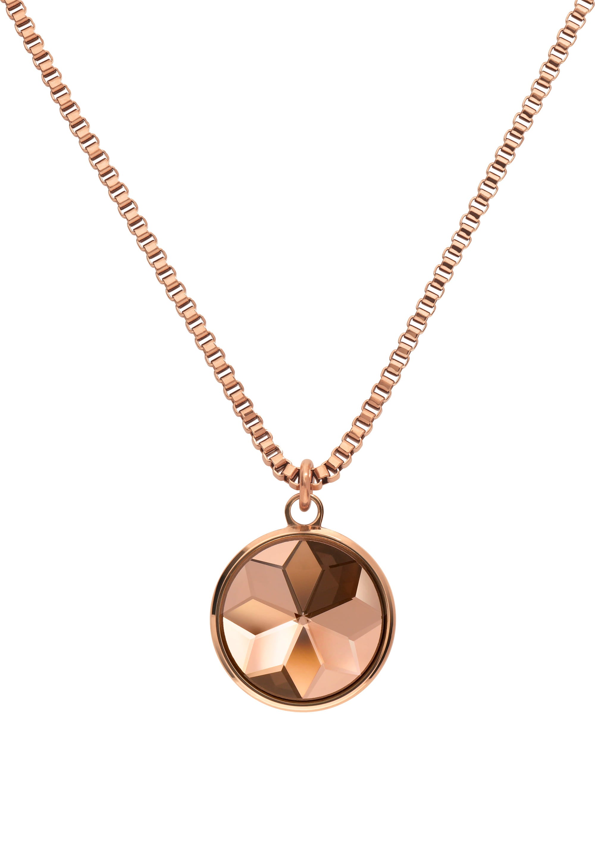 Facet Pendant Necklace JS.0014 featuring a rose gold design and shimmering faceted glass pendant, elegantly displayed on a neutral background.