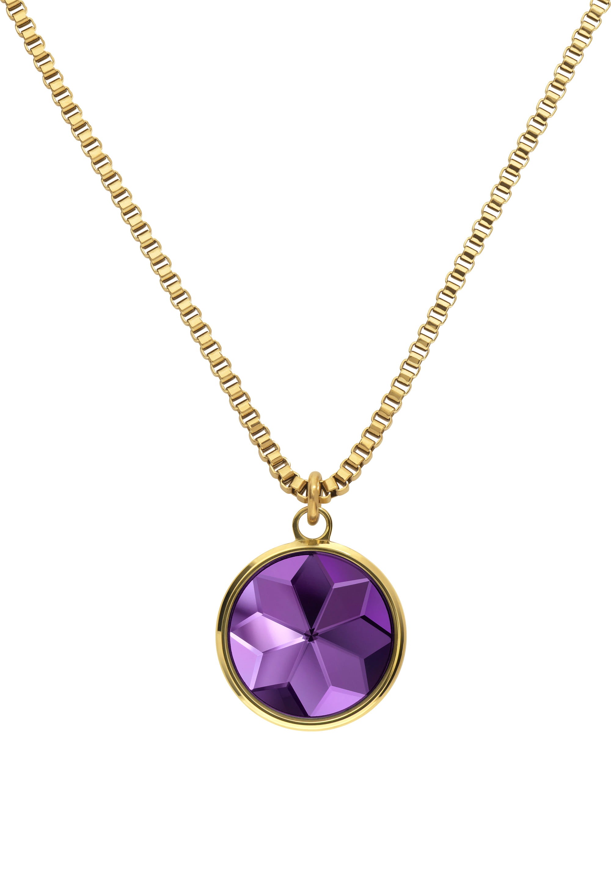 Facet Pendant Necklace JS.0006 featuring a vibrant purple pendant and gold-plated stainless steel chain, elegantly displayed.