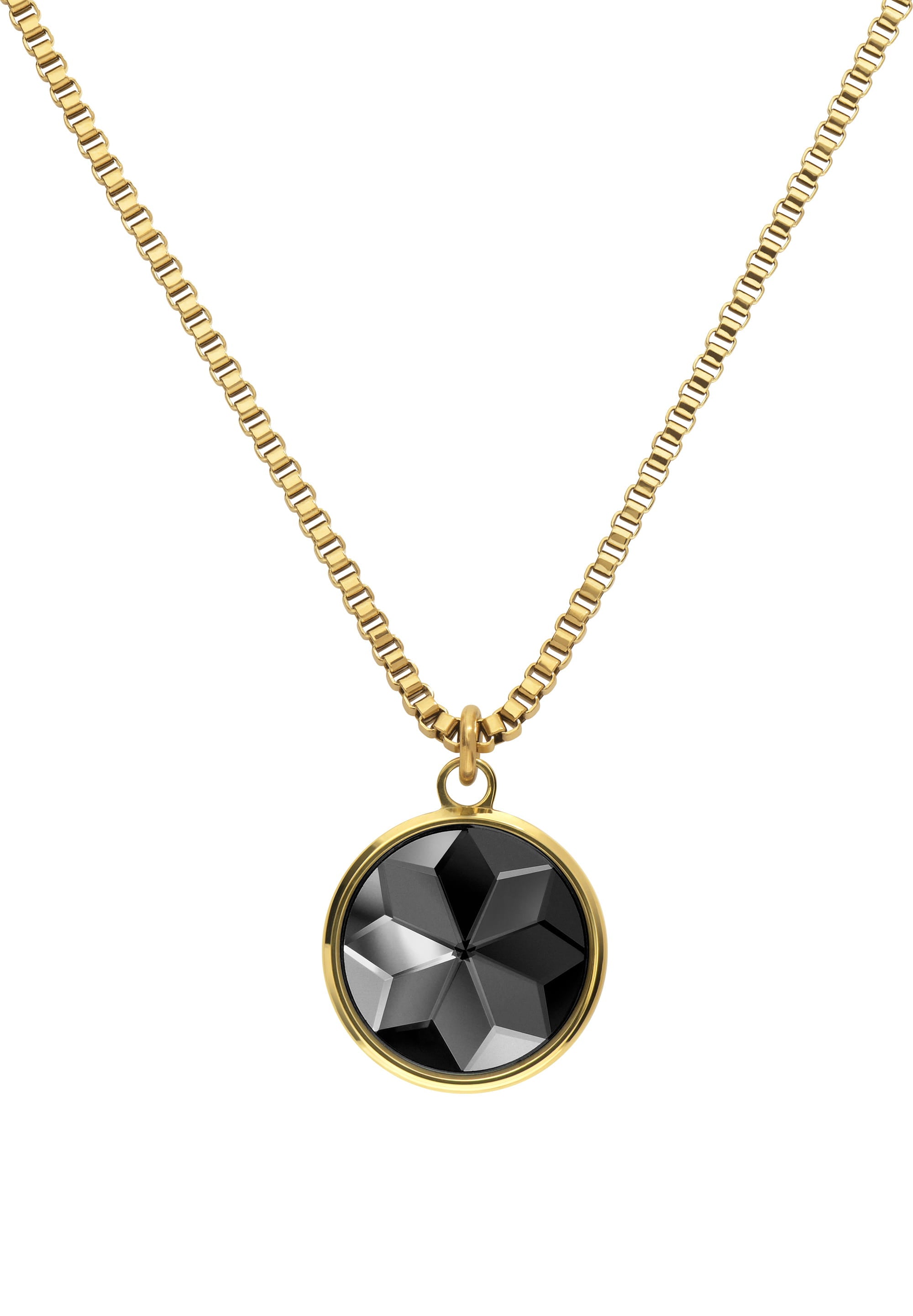 Facet Pendant Necklace JS.0008 featuring a polished black glass pendant and gold plated stainless-steel chain, elegantly displayed.